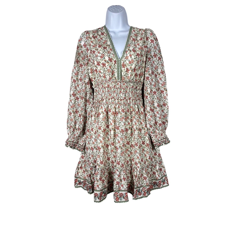 Max Studio London Dress Womens S Cream Floral NEW Smocked V-Neck 2905X63